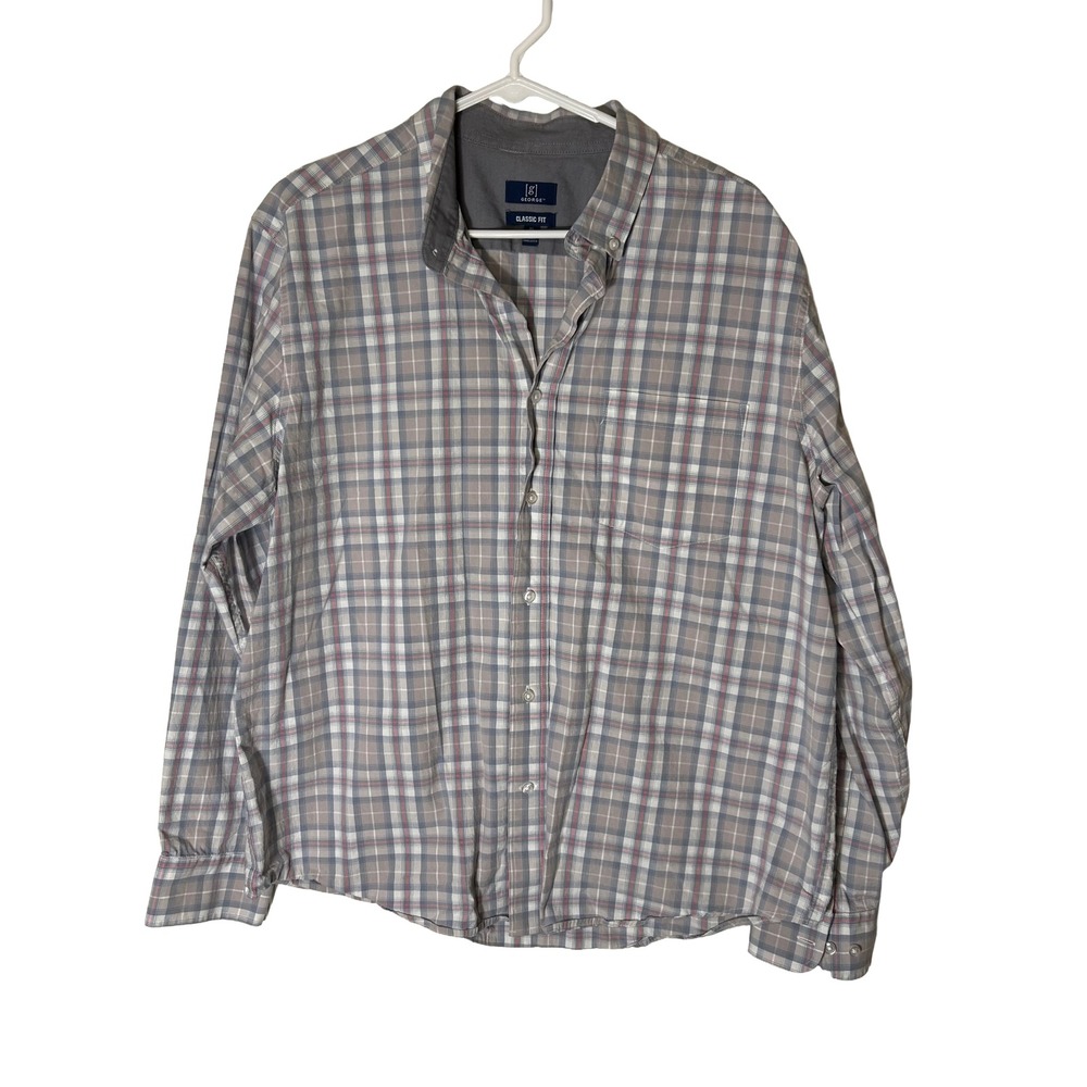 George Mens Classic Fit Plaid Button Down Shirt Grey Pink XL‎ GE32100021610